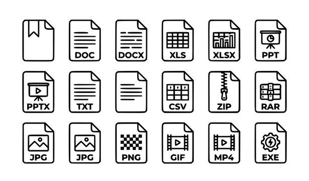 File Type Line Icon Set with Document Format UI Symbols Vector Isolated on White Background
