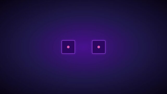 Neon dice rolling animation on dark purple background: abstract gaming and gambling concept 4k