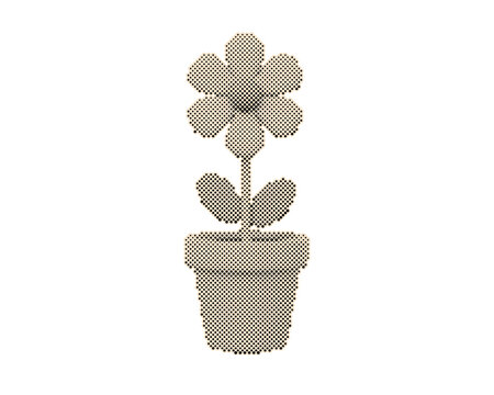 Vintage retro halftone pink flower in a pot vector illustration. Stylized spring blossom with circle dots pattern isolated on transparent background