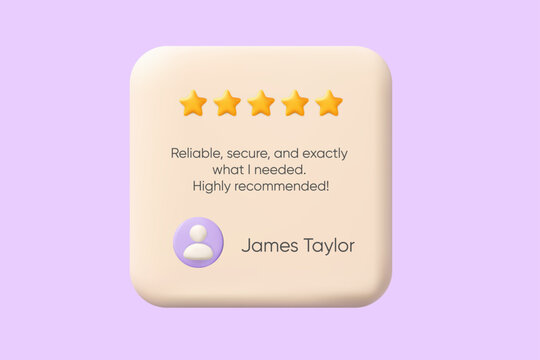 Purple 3d testimonial card template shows customer review feedback and star rating