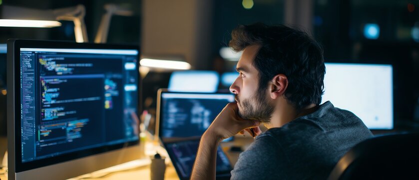 Focused programmer working in a dark office environment.