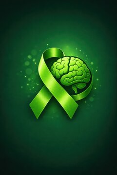 Green Ribbon with Brain Symbolizing Brain Health Awareness