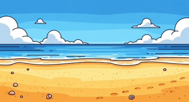 cartoon beach scene with sea and clouds