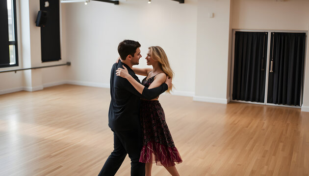 Young couple learns to dance pair disco fox during dance class in studio, repeat movements and learn act show. Studio school for amateur and professional dancers, collage style. White tone
