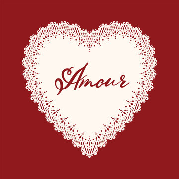 Aesthetic lace doily heart with elegant Amour calligraphy script, an ideal romantic template for creating premium cottagecore Valentine cards and vintage wedding graphic assets. Hand drawn vector