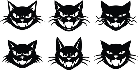 Collection of scary cat faces featuring a dark and menacing graphic art style silhouette © Rohima