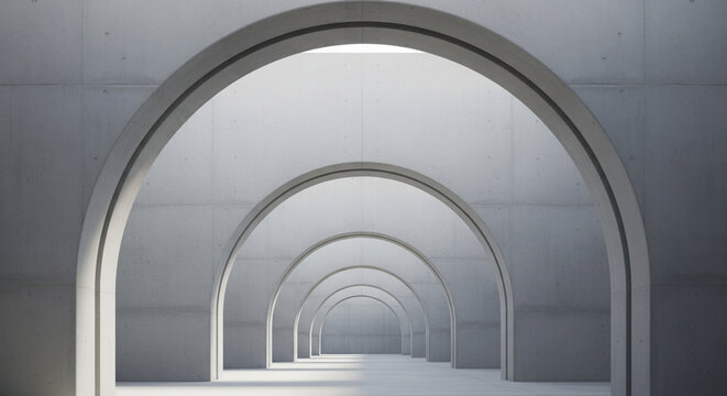 Minimalist architecture with repeating concrete arches in a corridor