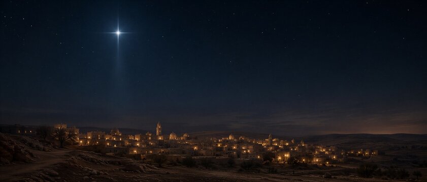 Bright star shines over the town of Bethlehem at night. Traditional scene representing the Nativity or Christmas holiday. Ancient city skyline with glowing lights under starry sky.