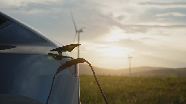 Close-up of charging cable plugged into electric car with wind turbines at sunset. The image symbolizes renewable energy, clean electricity, and sustainable technology driving future mobility.