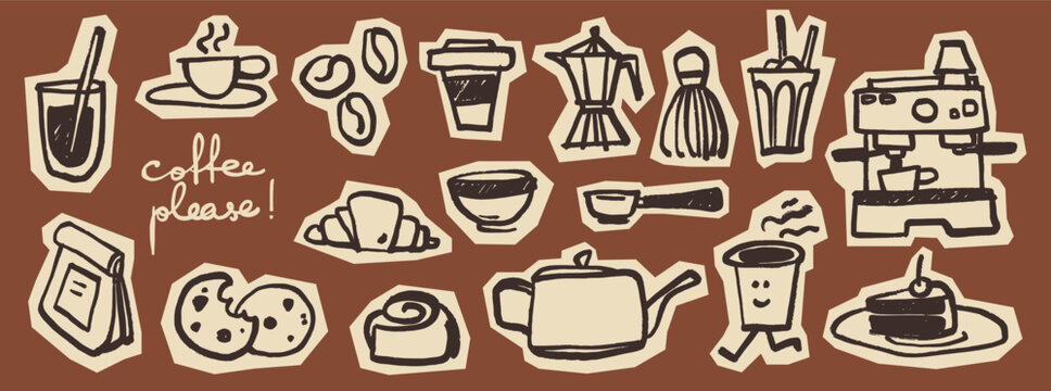 Coffee Scribble Doodle Set. Scrapbook hand drawn elements in kids crayon style. Cute stickers with coffee cups, beans, takeaway cups, croissants, cookies in a retro sketch style for coffee shop menus