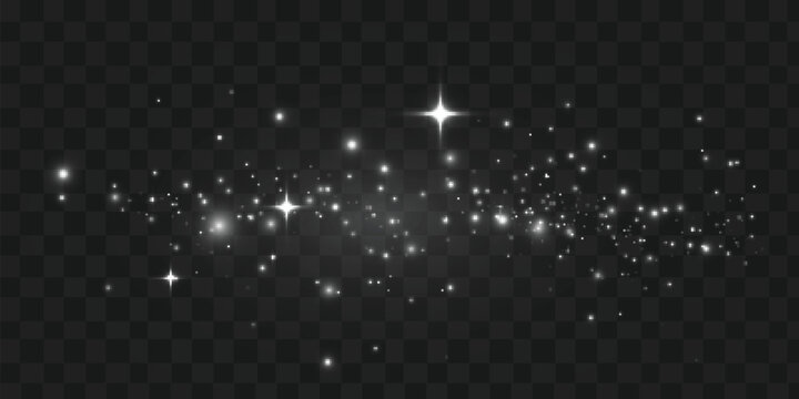 White sparkling stardust trail with glowing stars and glitter particles isolated on transparent background. Magical vector light effect