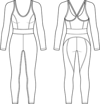 Fashion flat sketch template of a sporty long sleeve activewear jumpsuit with scoop neckline and leggings