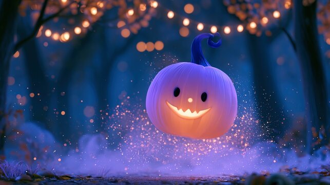 Whimsical 3D illustration of smiling Jack-o'-lantern floating in enchanted forest at night set in mystical forest landscape during twilight hour with