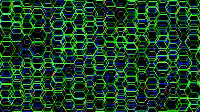 A complex geometric background consisting of interlocking blue and green hexagon outlines over a black backdrop