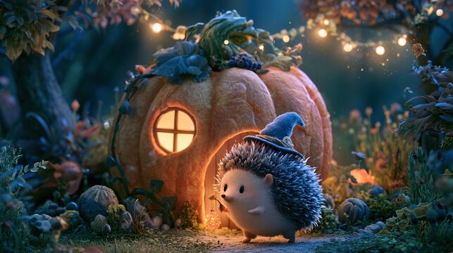 Hedgehog wearing tiny wizard hat carrying glowing berry, walking past large carved pumpkin house set in mystical forest landscape