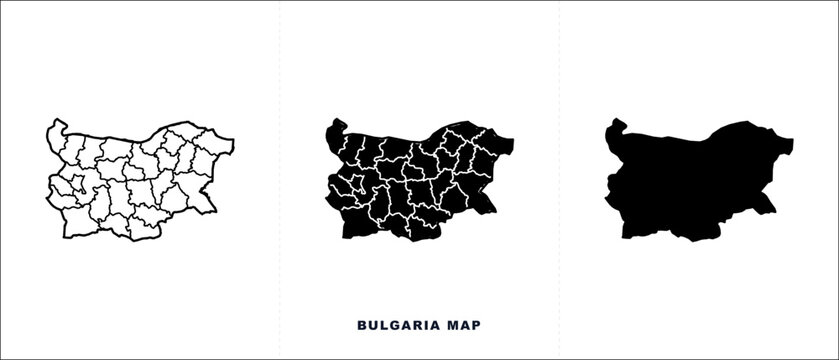 Bulgaria map vector set with administrative borders, black silhouette of Bulgarian country outline, minimalist geographic map icons for infographics