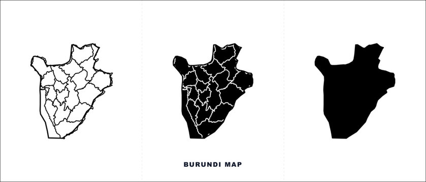 Burundi map vector set with administrative provinces, black silhouette and outline Burundi map icons, minimalist geographic country borders for infographics