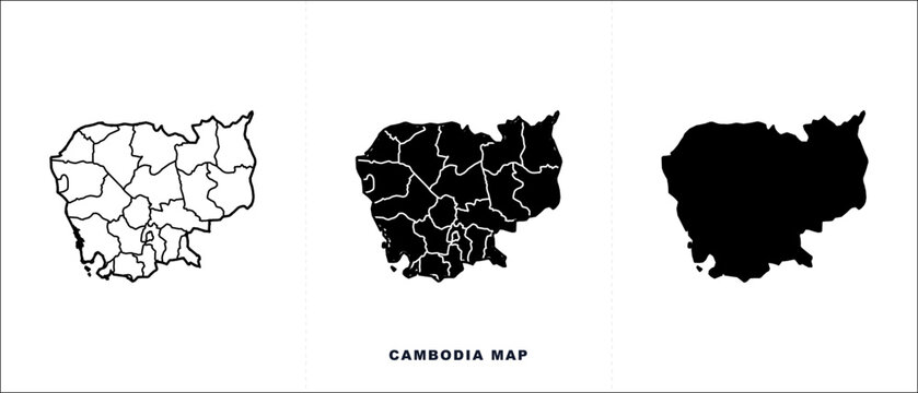 Cambodia map vector set with administrative provinces, black silhouette and outline Cambodia map icons, minimalist geographic borders for infographics
