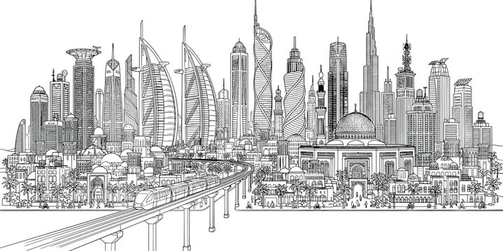 Detailed hand drawn modern city skyline with skyscrapers and monorail for coloring book page