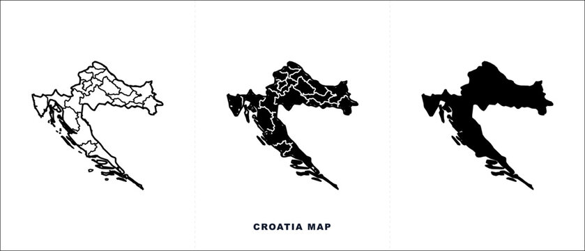 Croatia map vector set, black silhouette and outline administrative borders of Croatia, minimalist geographic cartography icons for travel and education