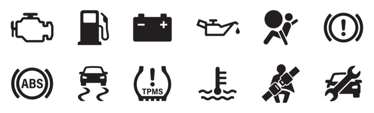 Cars dashboard icon set. Car dashboard warning icons. Car dashboard warning light symbols collection. Vector Illustration.