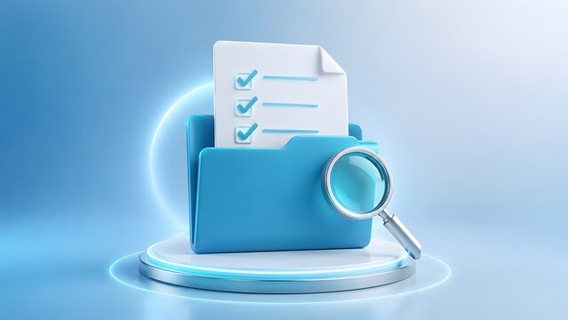 Document compliance and data audit concept featuring a blue folder with checklist and magnifying glass on a glowing futuristic pedestal