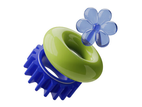 Abstract 3d green torus ring with blue flower and gear icon