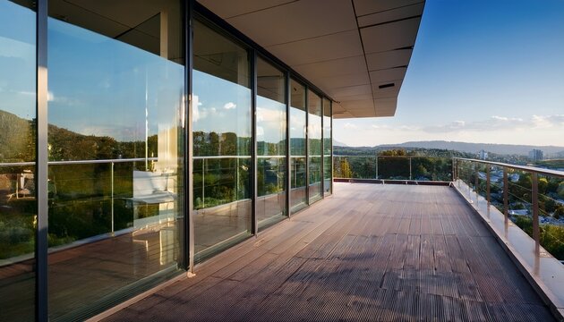 perspective view of a modern metal railing and glass balustrade on an outdoor building terrace