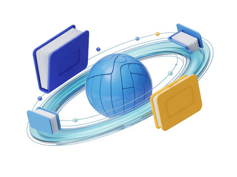3d globe icon with flying books for education concept