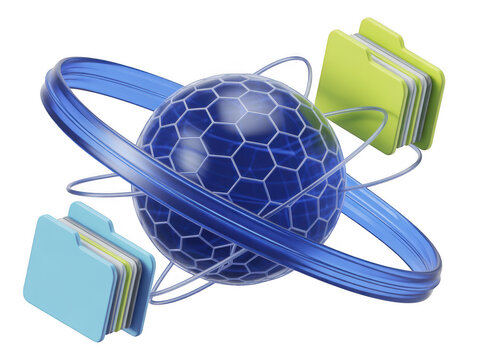 Blue digital globe with floating folders and data ring