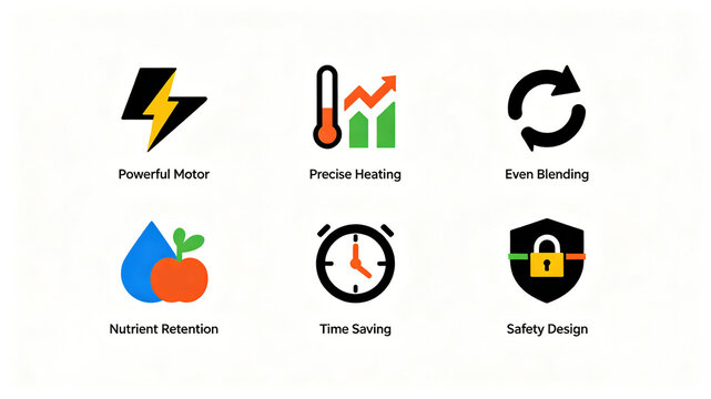 The performance icons of kitchen appliances are arranged in an orderly manner, with high-power motors, uniform stirring, nutrient retention, and promotion of wall breaking machine products.
