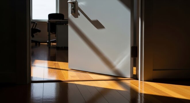 Bright and inviting modern white interior door, crafted from painted wood with a sleek metallic handle, standing slightly ajar, revealing a glimpse of a blurred office setting beyond, while casting