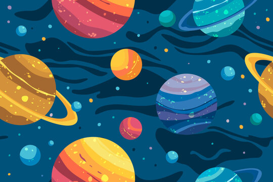 Seamless pattern with blue planets and stars in textured vector style background.