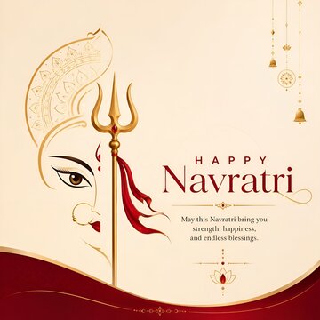 Happy navratri festive greeting card with goddess durga face sketch and golden trident navratri trishula festival hinduism greeting religious