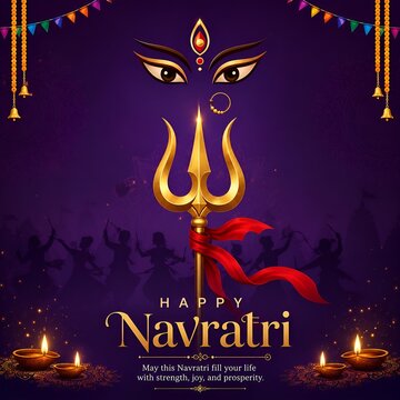 Happy navratri concept banner with traditional lamps and golden trident on purple background navratri trishula festival hinduism celebration