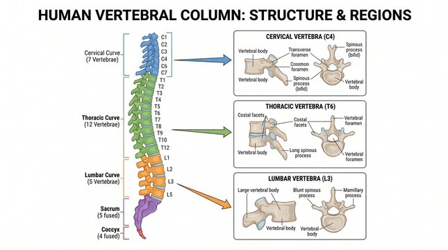 Human vertebral column anatomy structure and regions medical diagram
