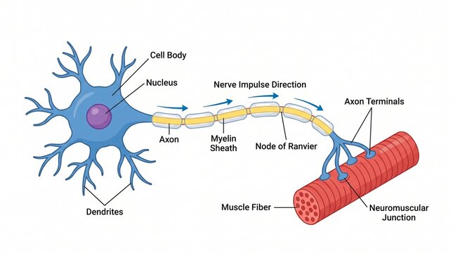 Scientific illustration of motor neuron anatomy and neuromuscular junction