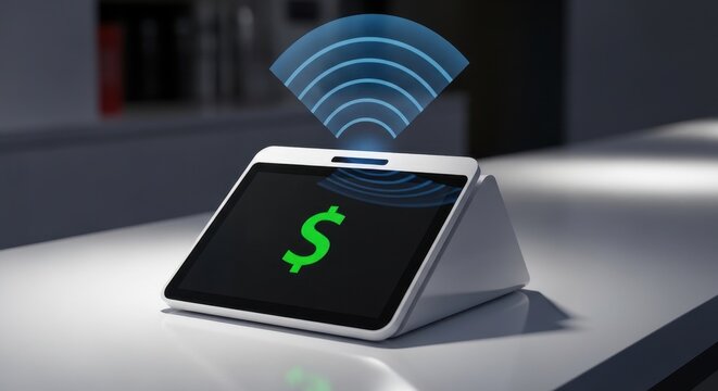 A sleek, modern, and innovative white plastic payment terminal with a dark, illuminated screen displaying a vibrant green dollar sign, emitting dynamic radiating blue wireless signal waves, standing