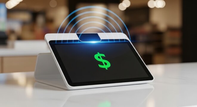 A modern, sleek white point-of-sale (POS) payment terminal device, featuring a glossy digital screen displaying a vibrant green dollar sign and radiating futuristic blue contactless payment signal