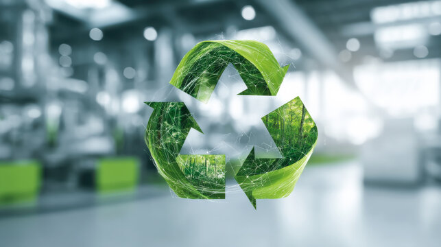 Recycling symbol with green arrows in a modern space showing commitment to sustainability and environmental practices in an industrial setting