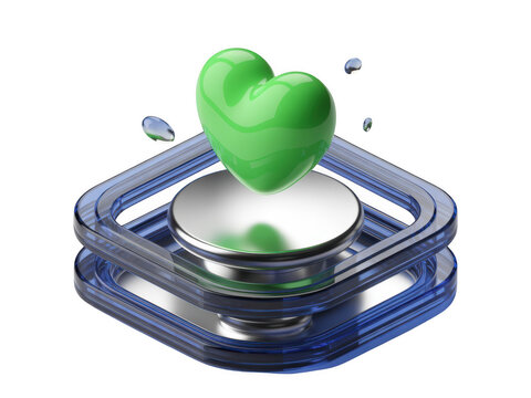 3d green heart icon on a metallic frame platform