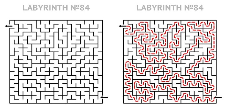 Labyrinth game grid 21x21 with solution. Complex maze path for adults. Printable puzzle with answer key. Hard level.