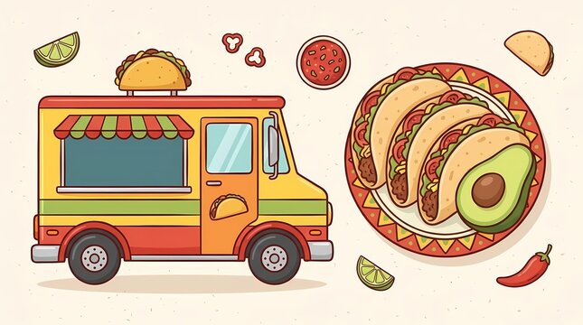 Taco truck illustration with Mexican food plate.