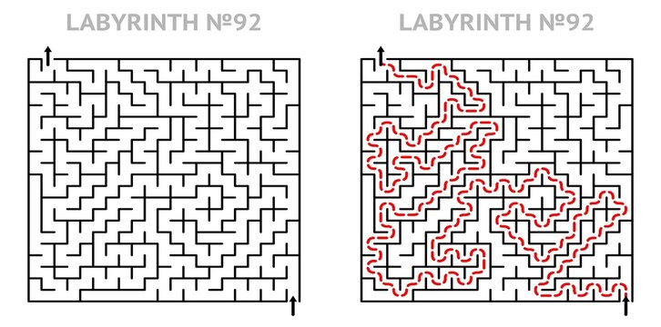 Solved maze vector 21x21 with answer key. Square labyrinth for kids activity. Maze challenge with answers. Easy to use.
