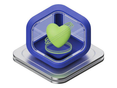 Green heart inside a blue hexagon badge icon