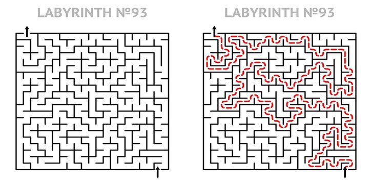 Solved maze vector 21x21 with answer key. Square labyrinth for kids activity. Maze challenge with answers. Easy to use.