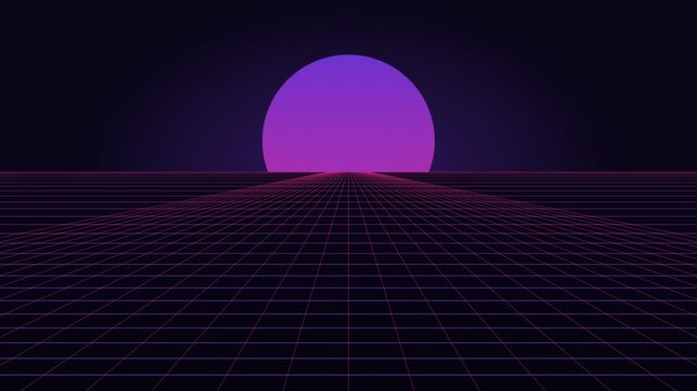 Retro neon perspective grid wave terrain with glowing sun horizon, synthwave 80s futuristic background, seamless loop 4K animation