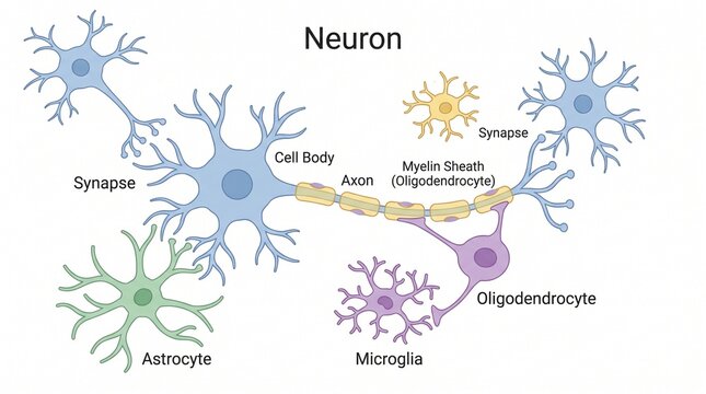 Neuron cell types and anatomy diagram with synapse and dendrites illustration