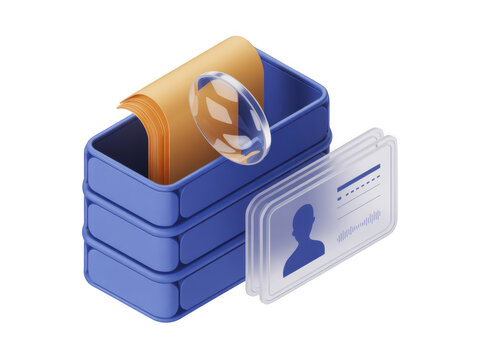 Isometric file folder with magnifying glass and id cards