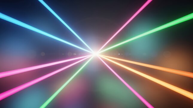 Colorful beams of neon light radiate from a central point against a dark background, creating a vibrant and futuristic visual effect.